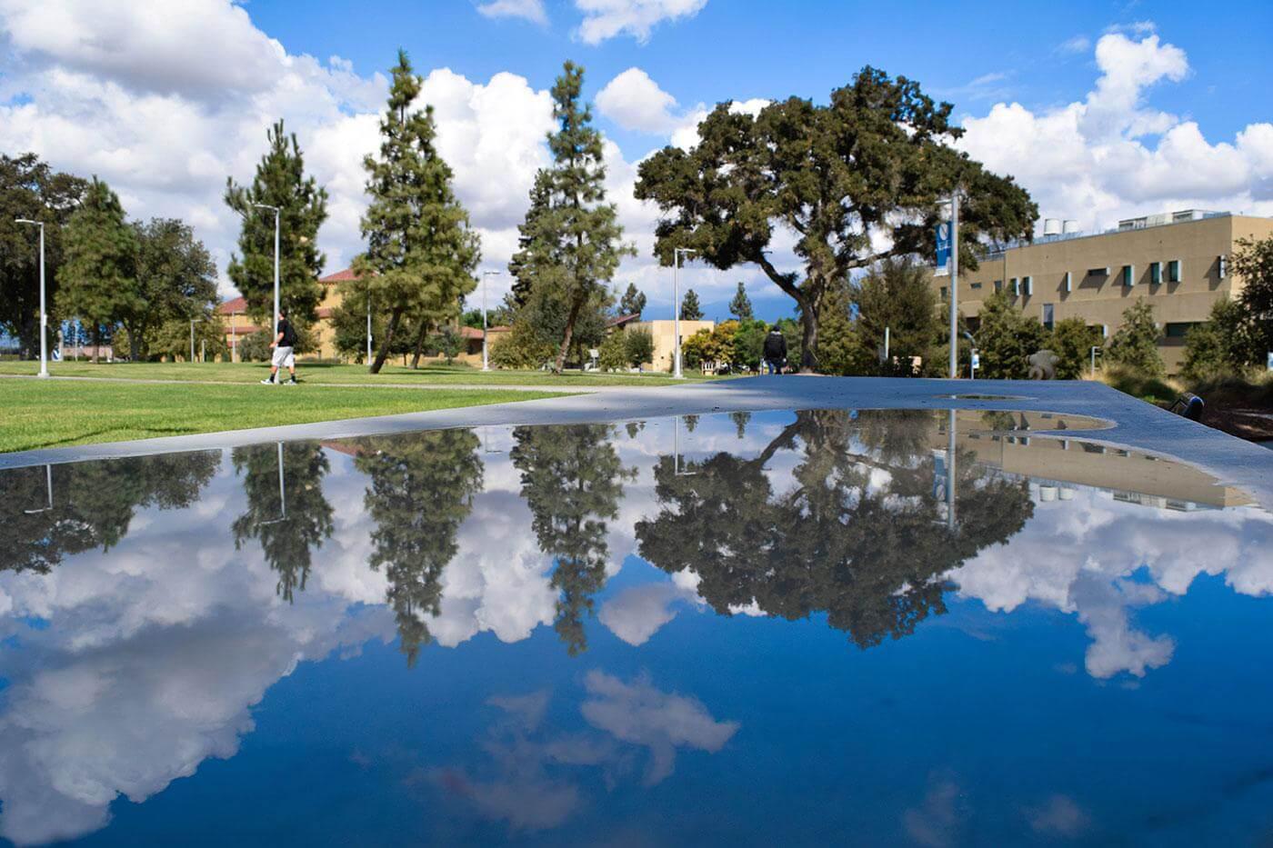 A reflection of trees and sky on the SBVC Campus in water