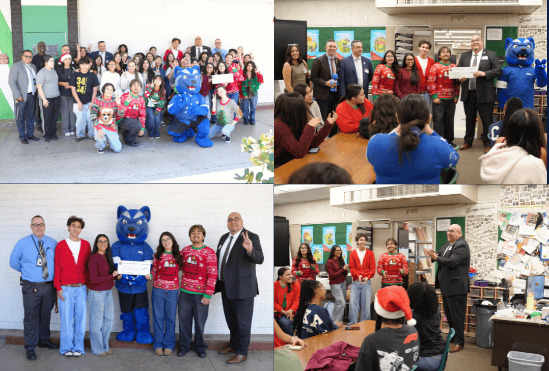 Collage showing the SBVC Foundation awarding a $1,000 donation to Cajon High School ASB, with students, faculty, administrators, and the SBVC mascot gathered during a holiday-themed presentation.