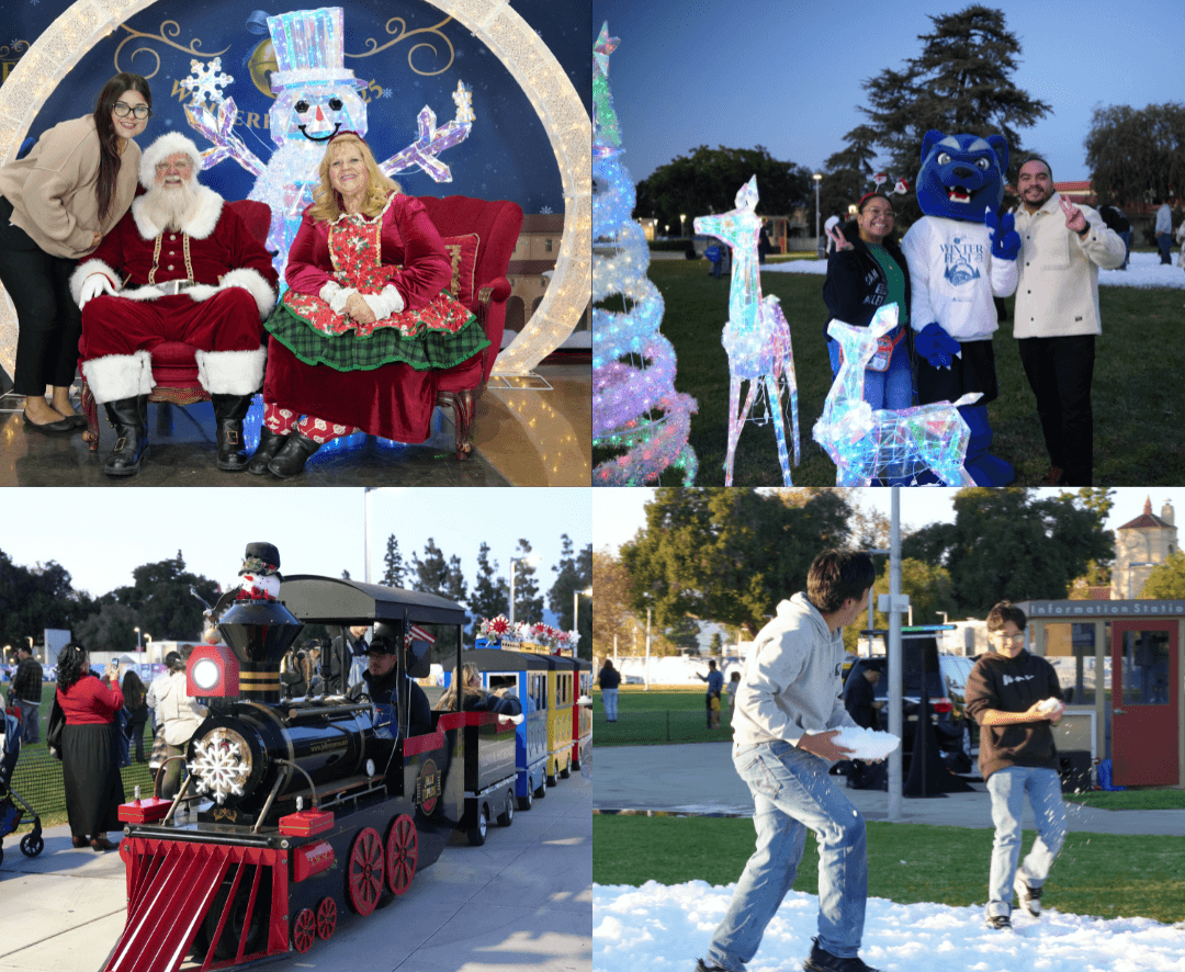 Collage of SBVC WinterFest activities, including photos with Santa and Mrs. Claus, students posing with the college mascot and holiday light displays, a festive train ride, and students playing in snow.