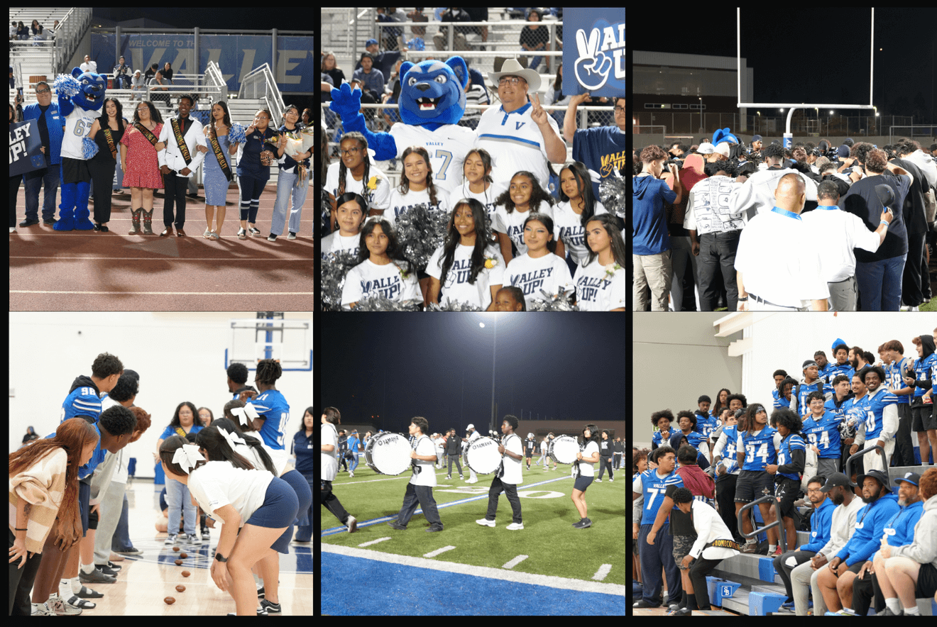 Top Left: Students, staff, and the school mascot standing on the track during a homecoming court presentation. Top Middle: Cheerleaders posing with the school mascot and a supporter in the bleachers during a spirit event. Top Right: Students and supporters huddled together on the football field under stadium lights. Bottom Left: Students gathered in a gym, leaning in to watch and play a group activity on the floor. Bottom Middle: Marching band drumline performing on the football field at night. Bottom Right: Football players and staff sitting and standing on indoor bleachers during a team gathering.