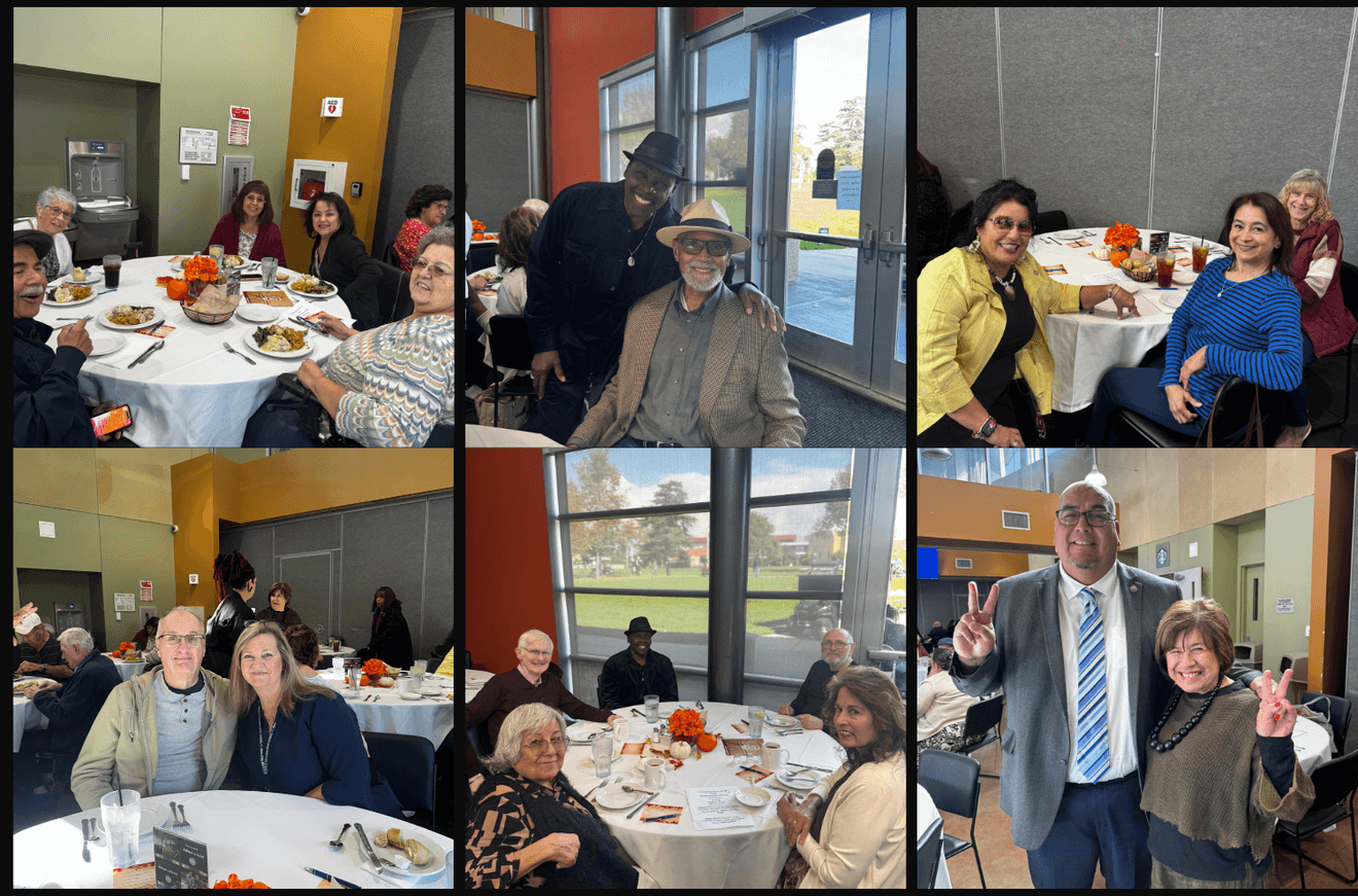 Top Left: Retirees sitting together at a round table enjoying a meal during the luncheon. Top Middle: Two attendees smiling and posing together near the entrance of the event space. Top Right: Three attendees seated at a decorated table, smiling during the luncheon. Bottom Left: Two attendees seated together at a round table, smiling at the camera. Bottom Middle: A group of retirees sitting around a table near large windows, enjoying food and conversation. Bottom Right: Two attendees standing and smiling while making peace signs during the luncheon.