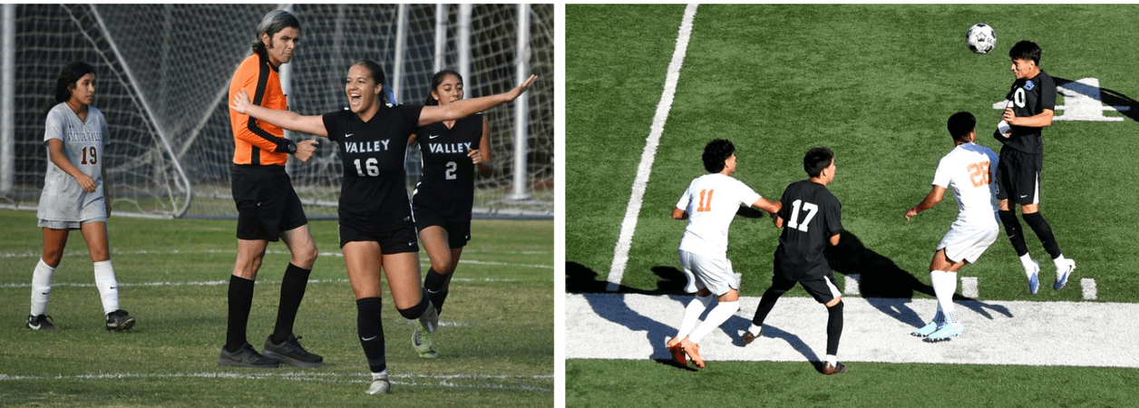 Two photos. Left photo: A SBVC soccer player celebrating with arms outstretched. Photo right: A SBVC soccer player headbutting the ball.