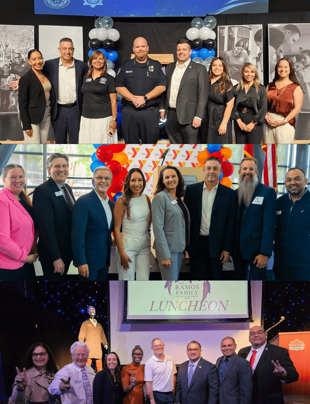 Collage featuring SBVC Foundation board members, college leaders, and community partners participating in regional networking, public safety, and scholarship fundraising events.