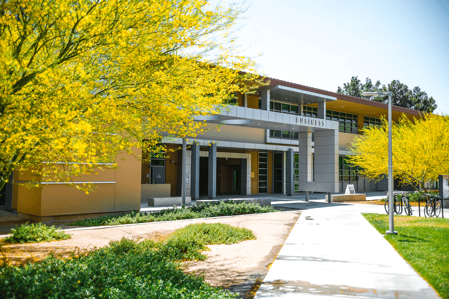 Exterior view of the San Bernardino Valley College Business Building framed by bright yellow flowering trees on a sunny day, with walkways, landscaping, and bike racks visible in the foreground.